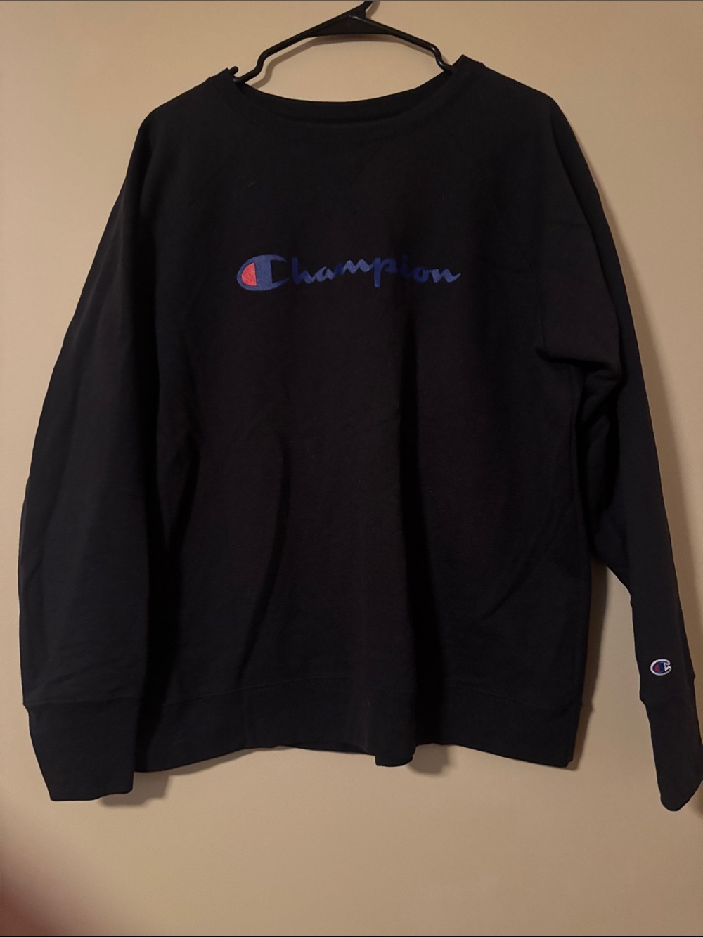Champion Black Crewneck Sweatshirt with Blue & Red Logo